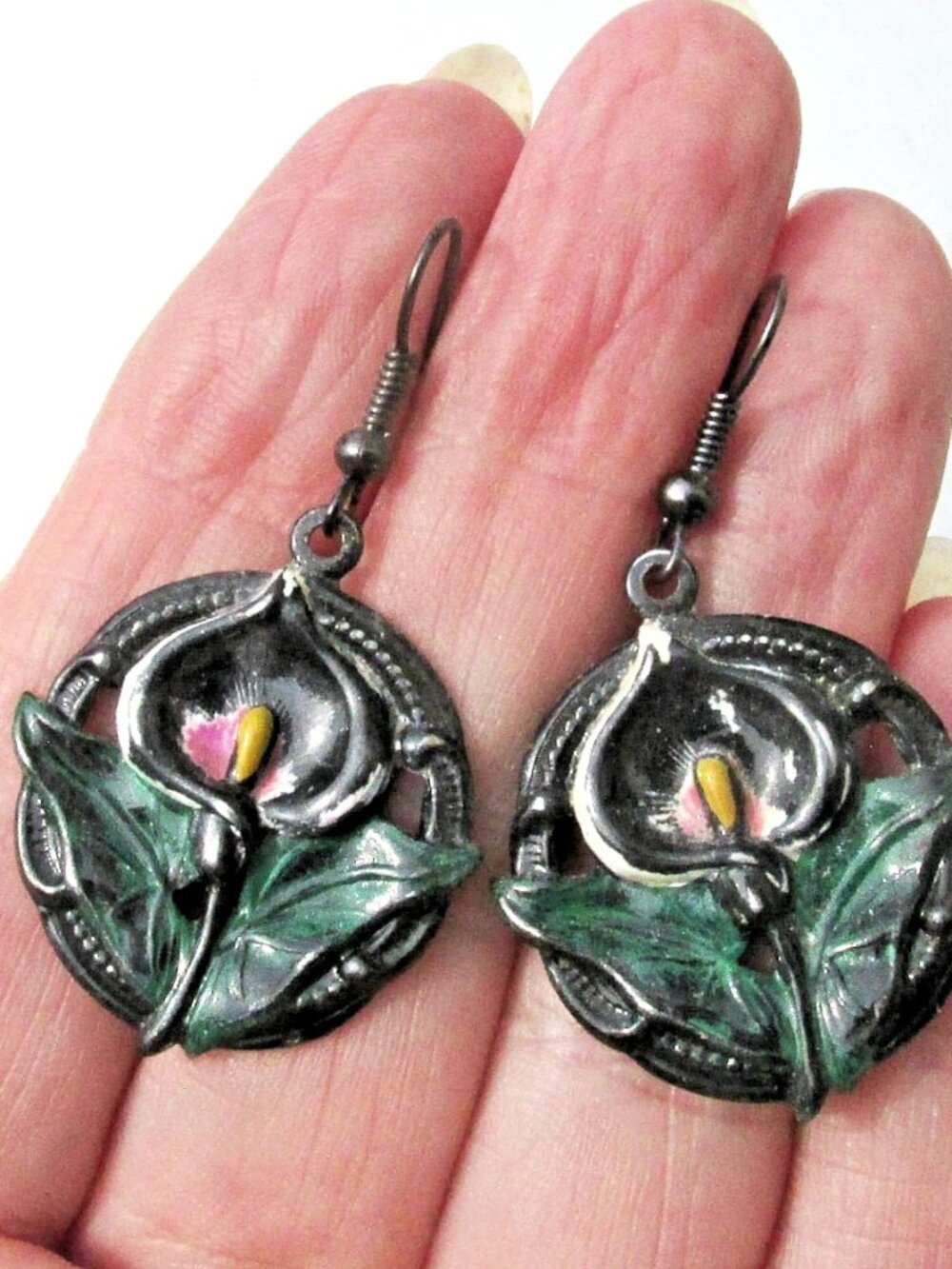 Handmade CALLA LILY Enamel Dangle Pierced Earrings